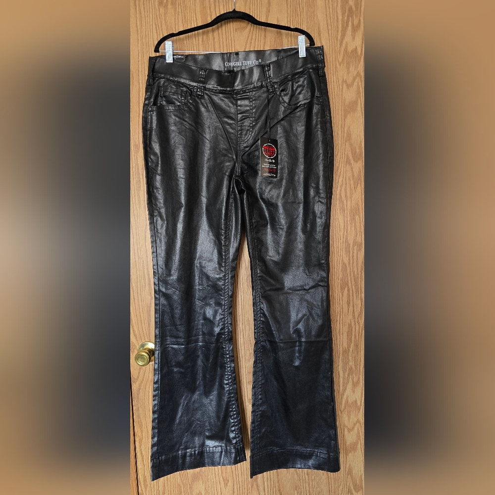Black Faux Leather Cowgirl Tuff Flare Pull On Pants